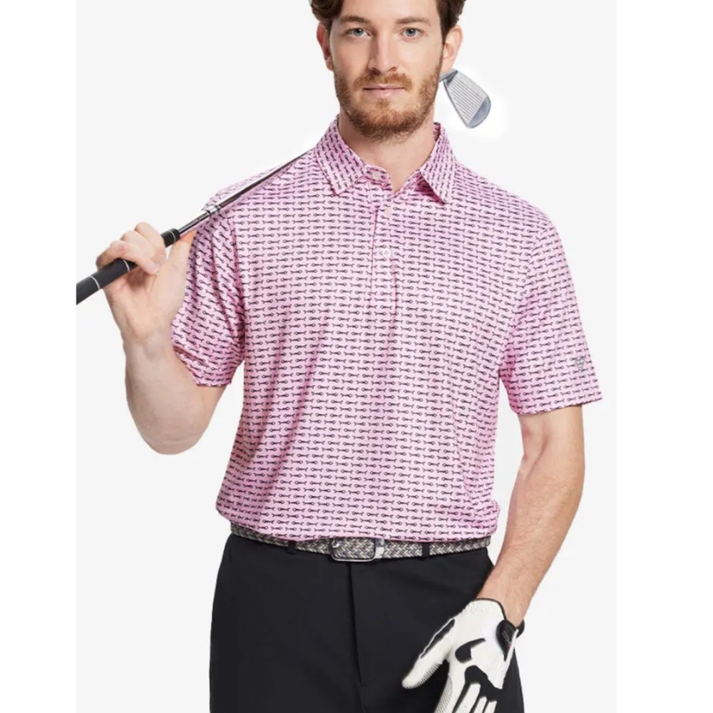 Maelreg Men’s Performance‎ Golf Polo Shirt Pink Fish Bones Size Large